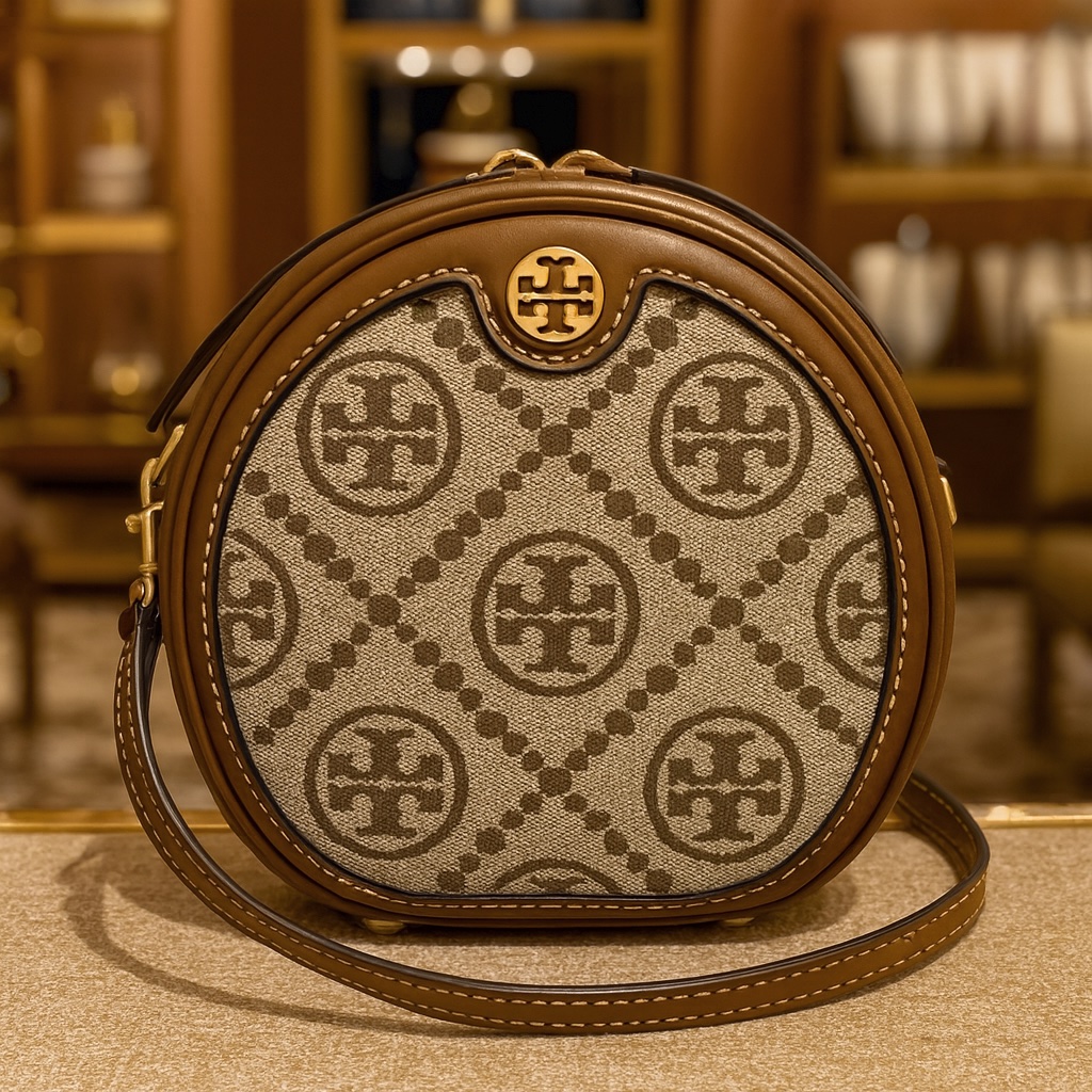 New Tory Burch T Monogram Hazelnut Tan Jacquard Circle Crossbody/Shoulder Bag